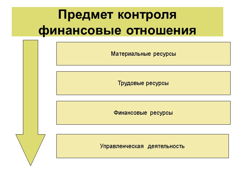 Предмет контроля финансовые отношения Материальные ресурсы Трудовые ресурсы Финансовые ресурсы Управленческая  деятельность